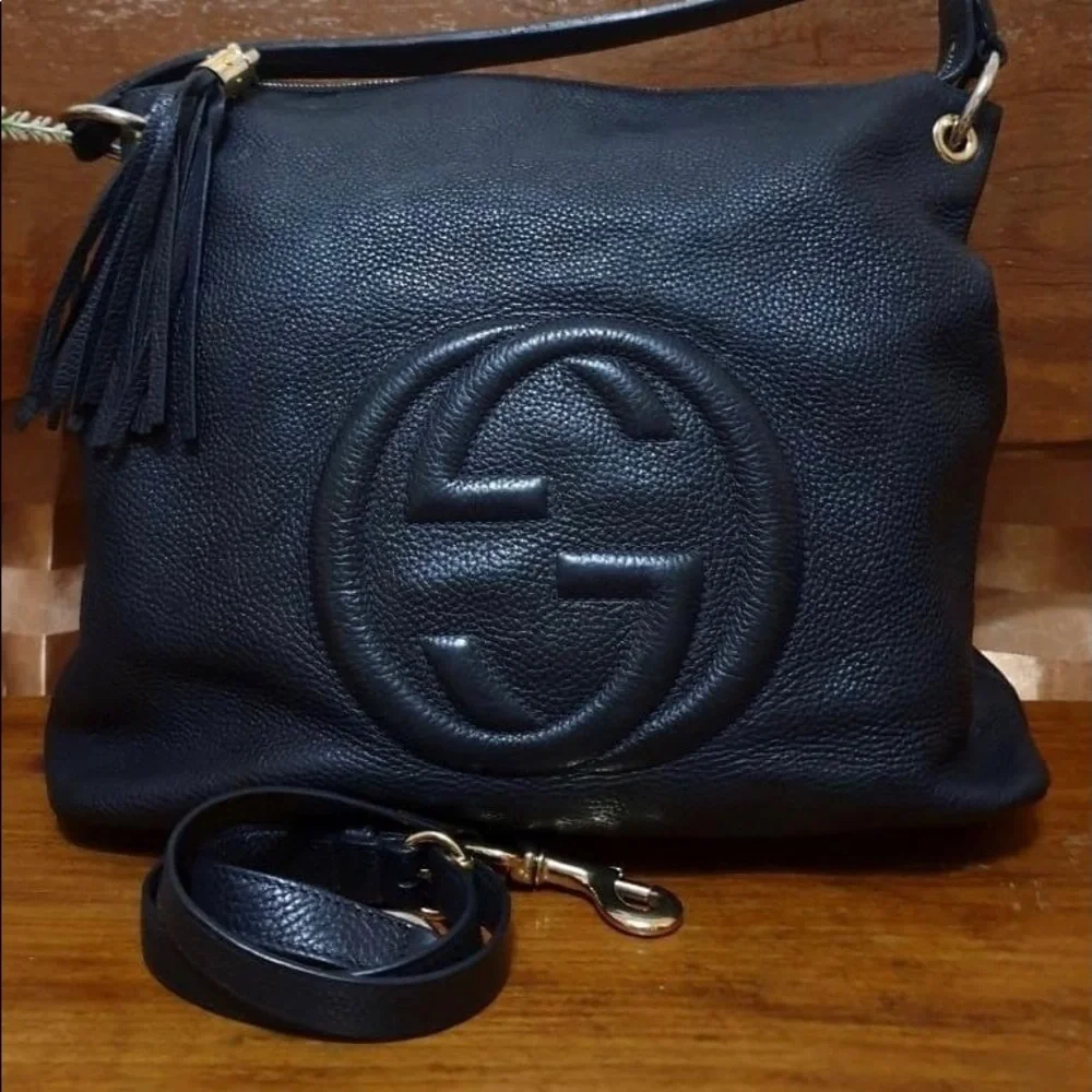 Gucci Soho Black Pebbled Leather Hobo Shoulder Bag Crossbody Tassel